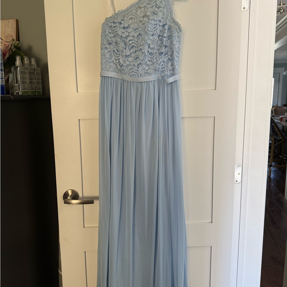 David's Bridal Light Blue One-Shoulder Lace Dress
